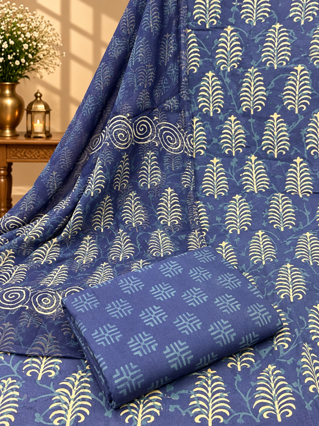 Indigo Block Printed Cotton Suit with Chiffon Dupatta | Elegant Printed Suit Set