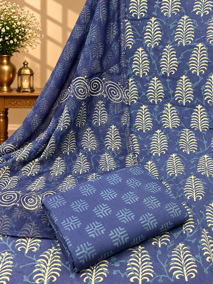 Indigo Block Printed Cotton Suit with Chiffon Dupatta | Elegant Printed Suit Set