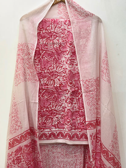 Jaipuri Hand Block Printed Suit with Mulmul Dupatta