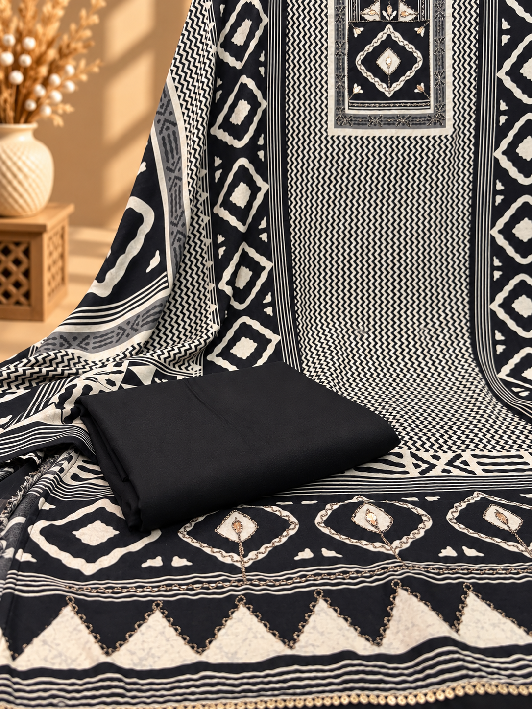 Black & White Muslin Digital Printed Unstitched Suit with Designer Border | Premium Ethnic Suit Set