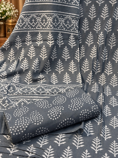 Jaipuri Block Printed Cotton Suit Set | Grey & White Hand Block Print Dress Material