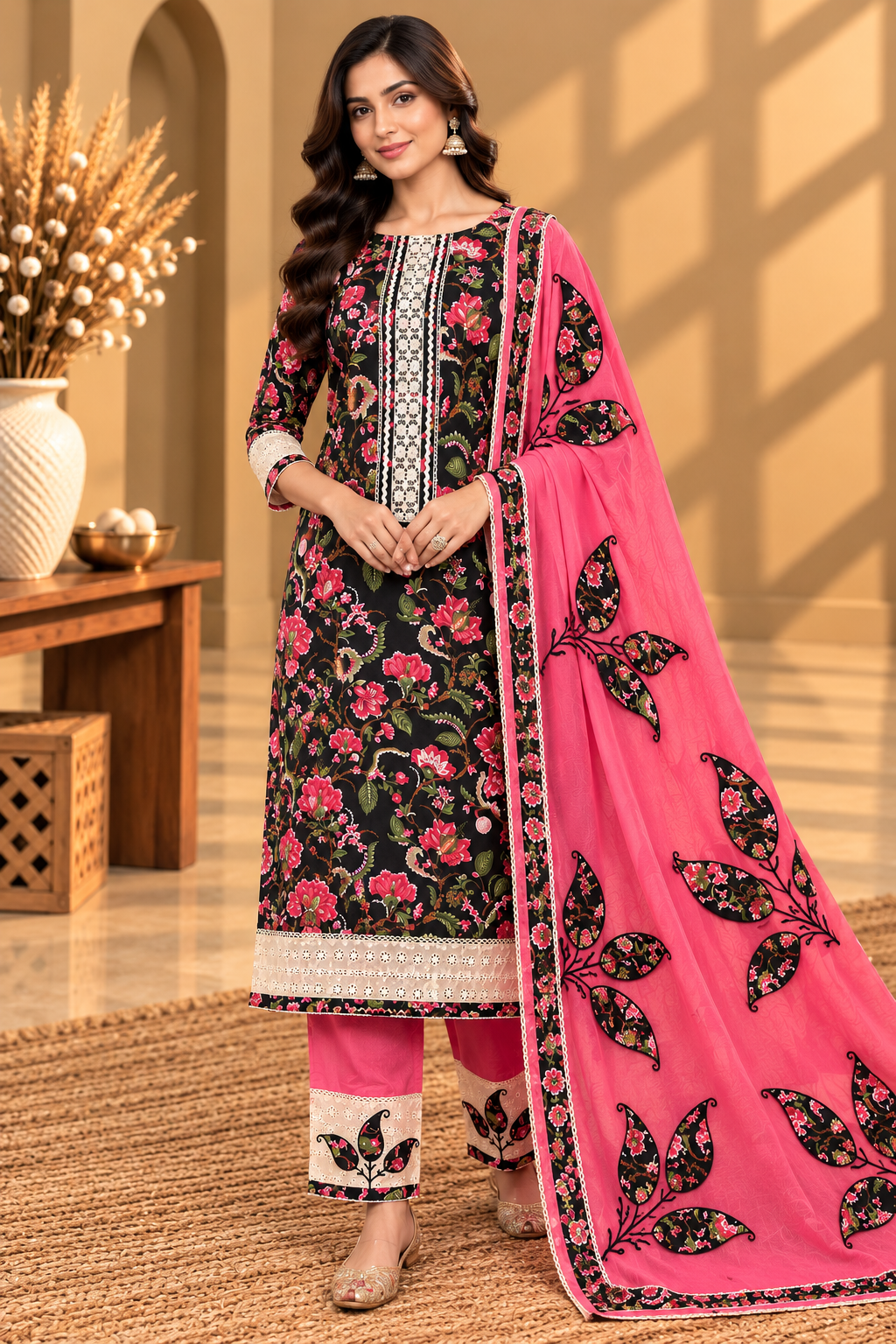 Pink & Black Cotton Digital Printed Unstitched Suit with Designer Dupatta | Floral Printed Cotton Suit Set