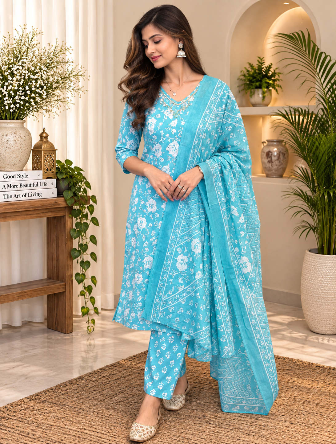 Sky Blue Readymade Cotton Suit Set for Women | Floral Printed Kurta with Dupatta
