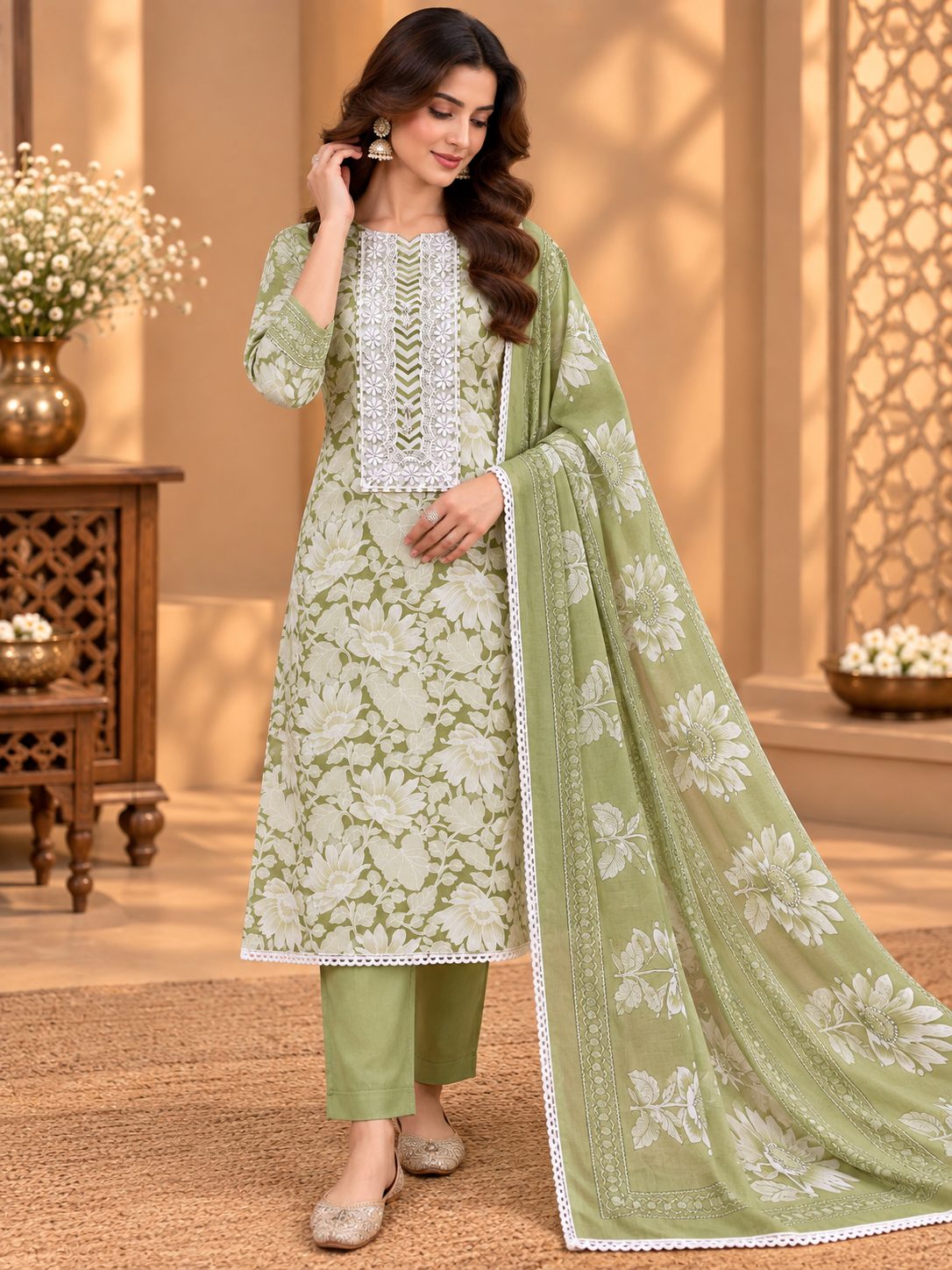 Premium Cotton Suit with Floral Print, Lace Detailing & Designer Dupatta | Elegant Cotton Suit for Women