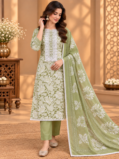 Premium Cotton Suit with Floral Print, Lace Detailing & Designer Dupatta | Elegant Cotton Suit for Women