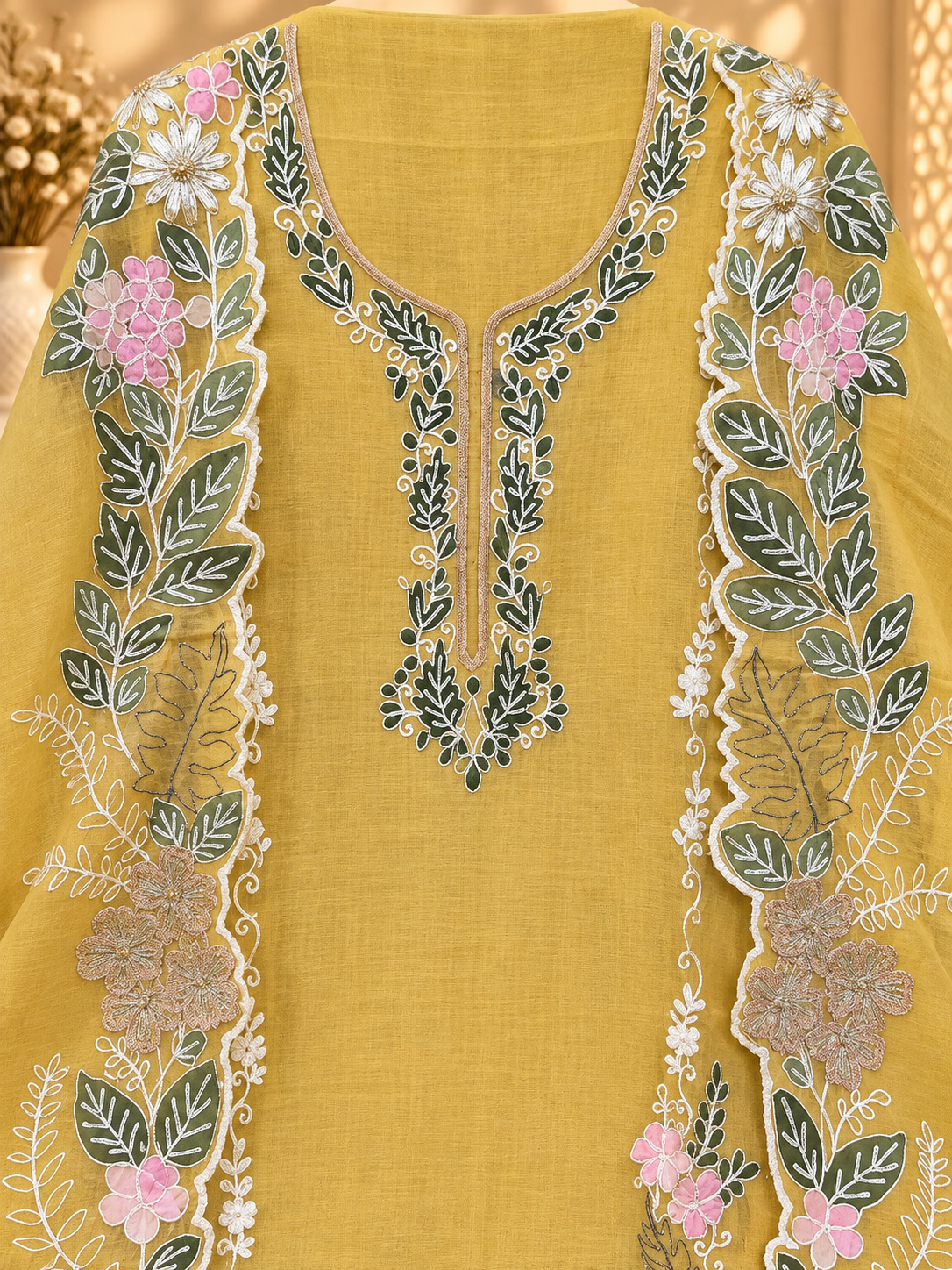 Mustard Yellow Pure Mul Chanderi Embroidered Suit | Floral Designer Unstitched Suit for Women