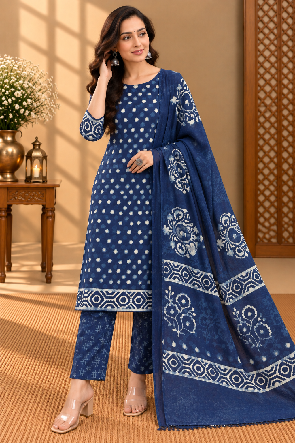 Indigo Hand Block Printed Cotton Suit with Dupatta | Traditional Indigo Print Dress Material