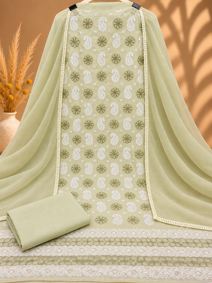 Pastel Green Lucknowi Chikankari Cotton Suit with Pure Chiffon Dupatta | Embroidered Unstitched Suit Set
