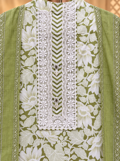 Premium Cotton Suit with Floral Print, Lace Detailing & Designer Dupatta | Elegant Cotton Suit for Women