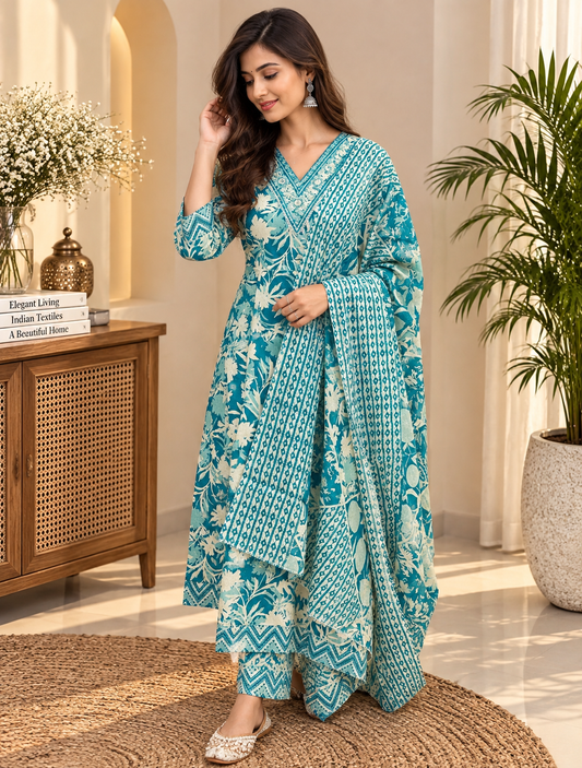 Teal Blue Readymade Flared Cotton Suit Set for Women | Printed Kurta with Dupatta
