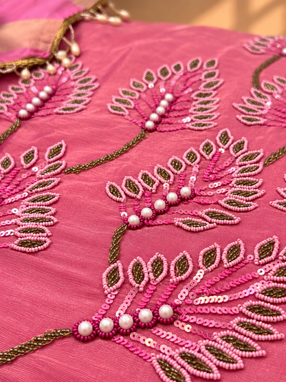 Pink Designer Unstitched Suit with Embroidered Floral Work & Striped Dupatta | Premium Ethnic Suit Set
