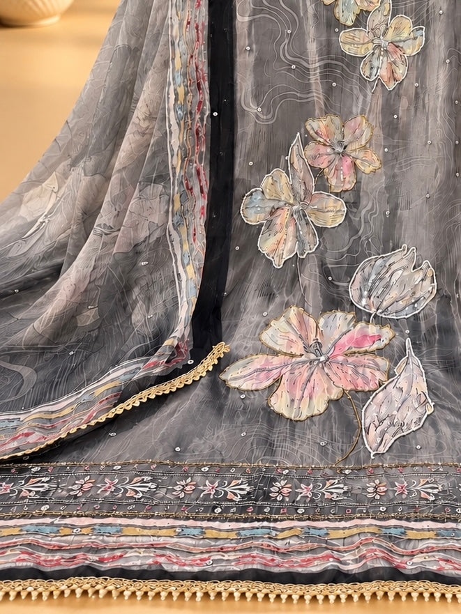 Premium Crepe Suit Fabric with Floral Embroidery & Designer Border | Bhagawati