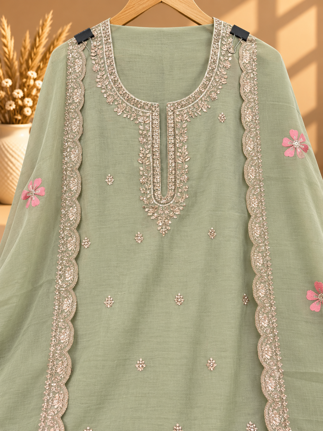 Mint Green Pure Mul Chanderi Resham Thread Embroidered Unstitched Suit | Premium Floral Designer Suit