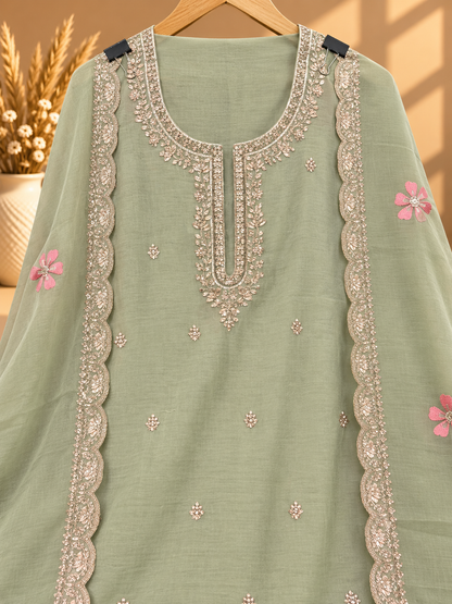 Mint Green Pure Mul Chanderi Resham Thread Embroidered Unstitched Suit | Premium Floral Designer Suit