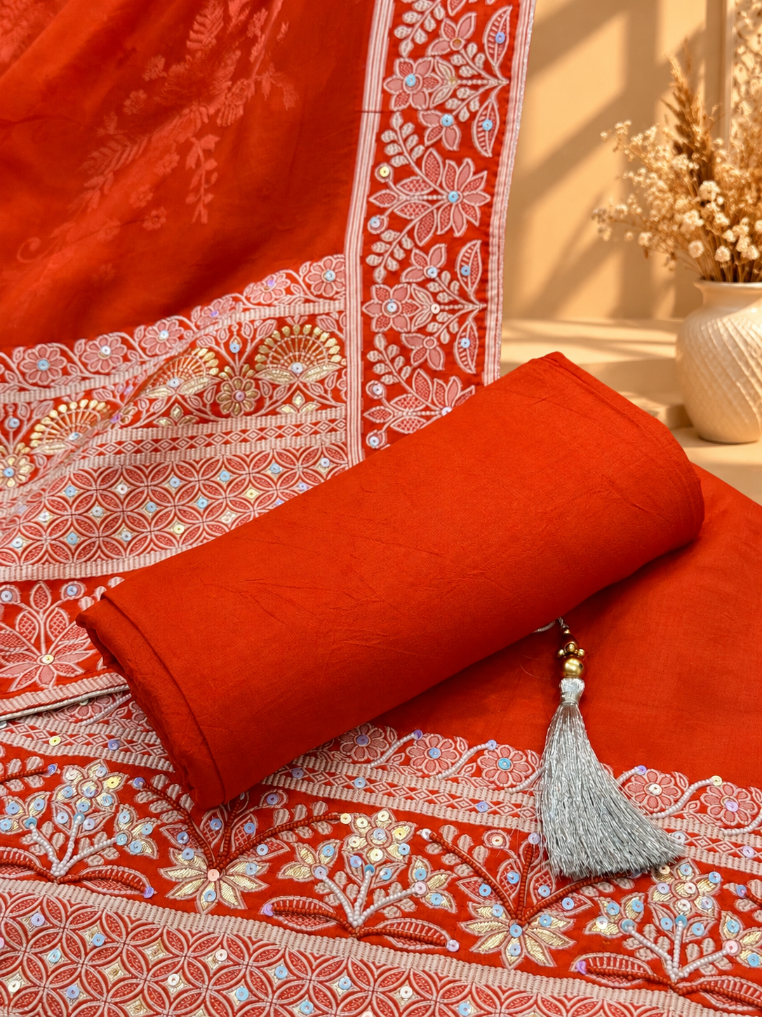 Beautiful Orange Embroidered Unstitched Suit | Floral Designer Suit for Women