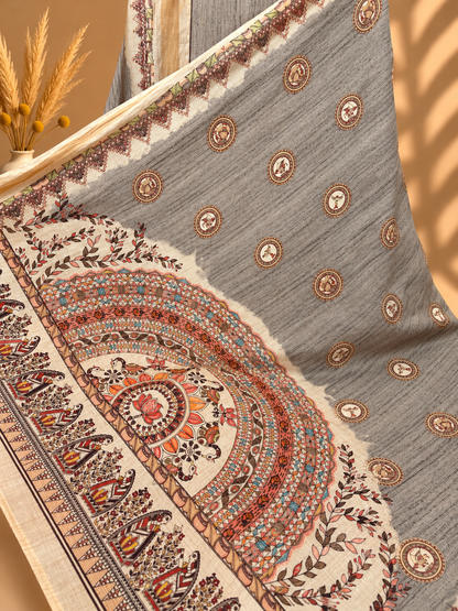 Grey Maheshwari Silk Unstitched Suit | Designer Printed Suit with Ethnic Border