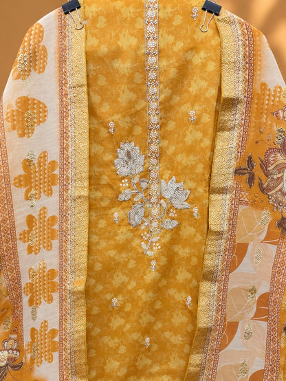 Mustard Yellow Floral Printed Embroidered Unstitched Suit for Women | Designer Ethnic Wear