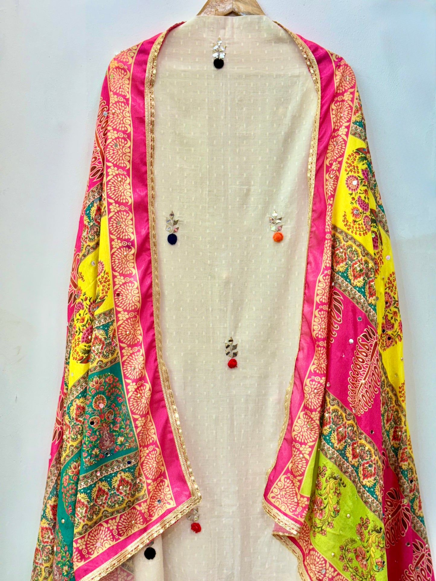 Self Cotton with Real Mirror Embroidery & Pompom Design