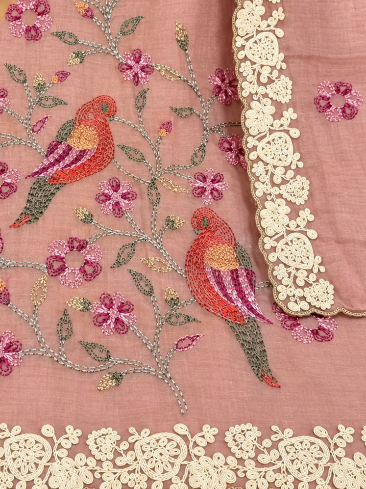 Peach Pure Mul Chanderi Designer Unstitched Suit with Floral Embroidery & Bird Motifs | Premium Ethnic Suit Set