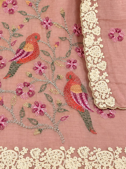 Peach Pure Mul Chanderi Designer Unstitched Suit with Floral Embroidery & Bird Motifs | Premium Ethnic Suit Set