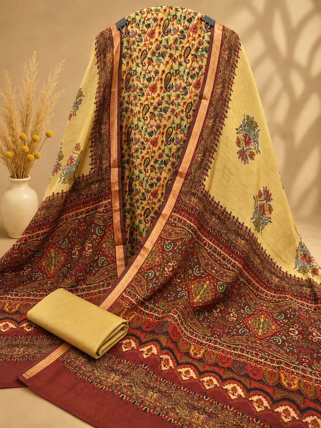 Premium Maheshwari Silk Suit with Traditional Floral & Paisley Print | Designer Silk Suit for Women