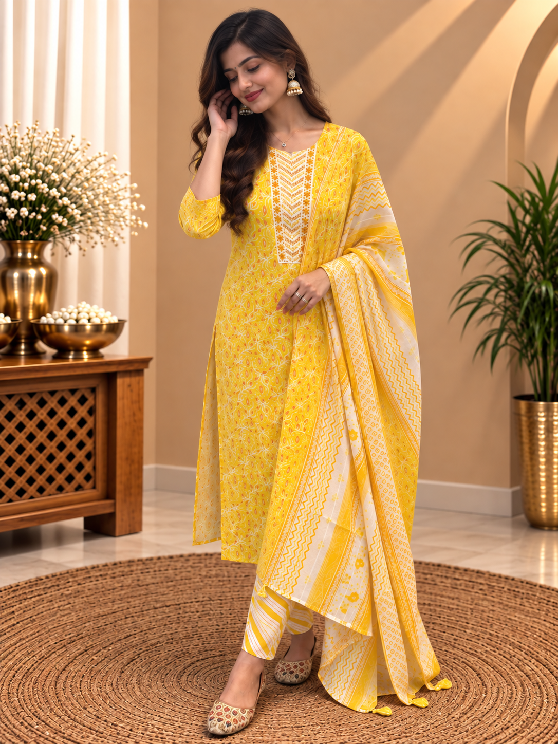 Yellow Readymade Cotton Suit Set for Women | Printed Kurta Pant with Dupatta