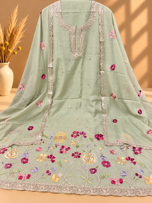 Mint Green Pure Mul Chanderi Resham Thread Embroidered Unstitched Suit | Premium Floral Designer Suit