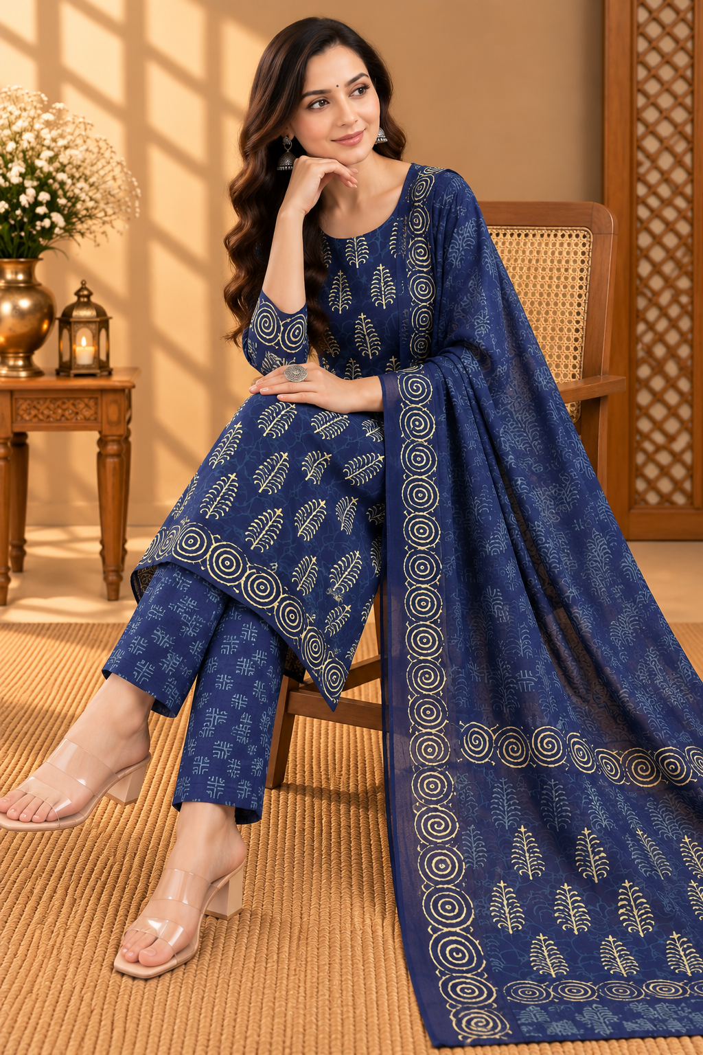 Indigo Block Printed Cotton Suit with Chiffon Dupatta | Elegant Printed Suit Set