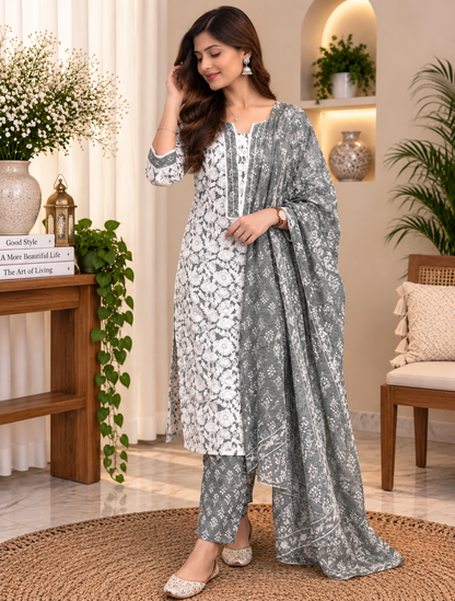Grey Readymade Cotton Suit Set for Women | Floral Printed Kurta with Dupatta