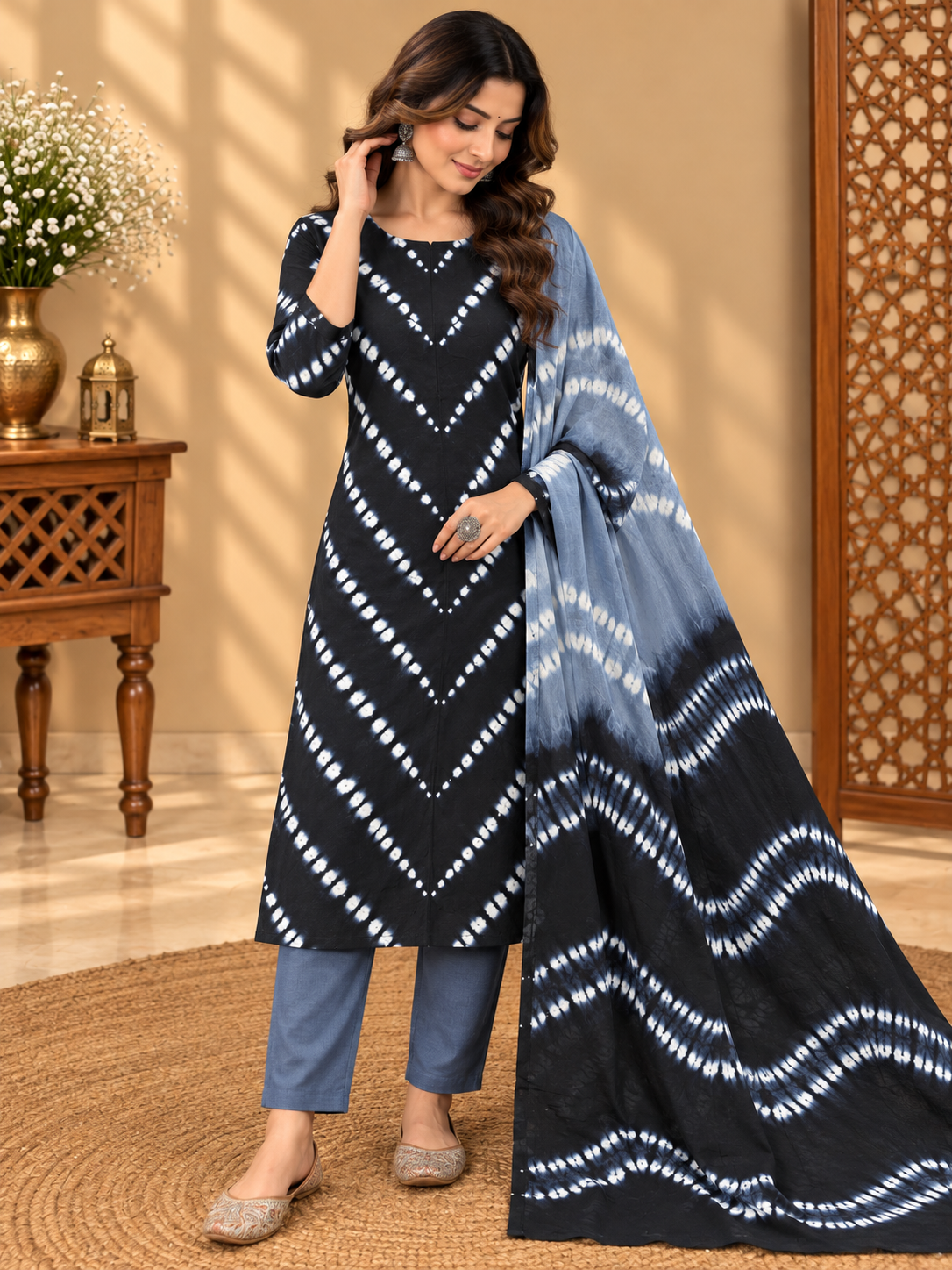 Premium Tie-Dye Cotton Suit Set | Black & Grey Shibori Printed Cotton Suit for Women