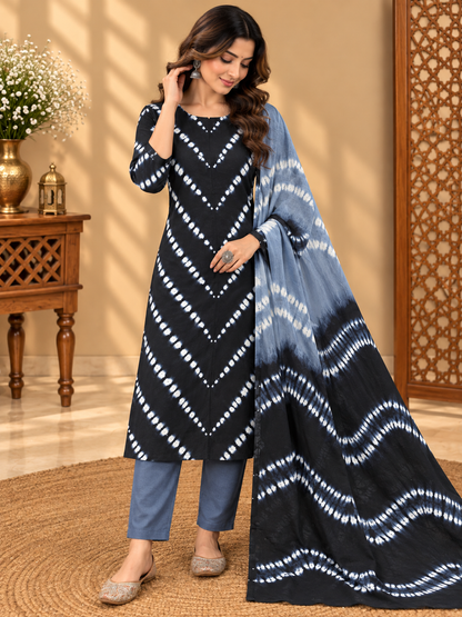 Premium Tie-Dye Cotton Suit Set | Black & Grey Shibori Printed Cotton Suit for Women