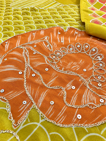 Yellow Shimmer Silk Digital Printed & Embroidered Unstitched Suit Set | Premium Designer Suit