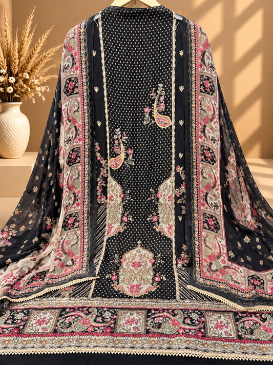 Black Digital Printed Unstitched Suit with Designer Paisley Dupatta | Premium Ethnic Suit Set