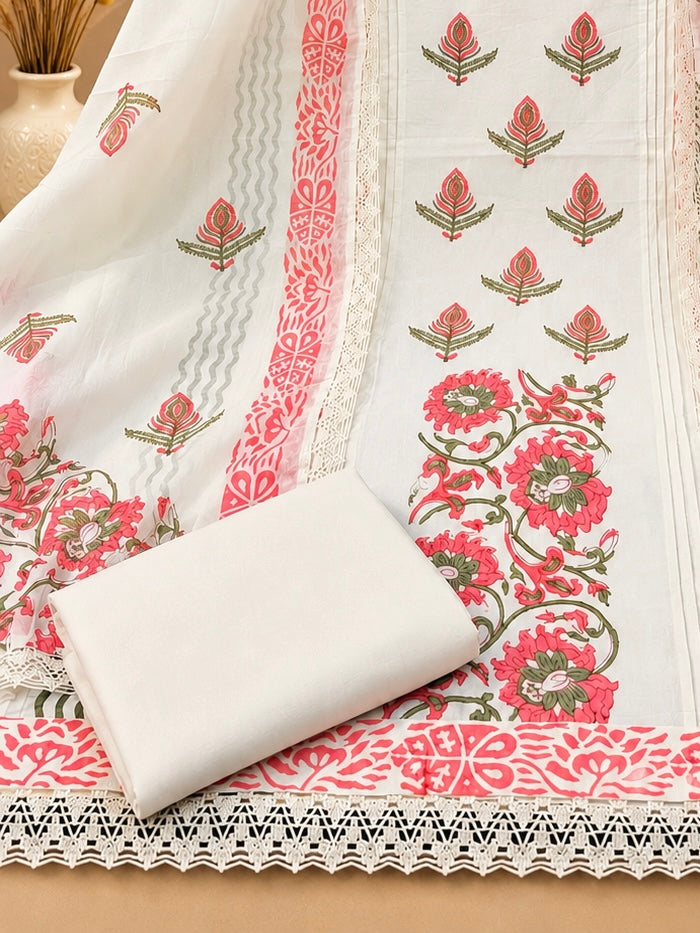Block Print Linen Suit Set for Women | Hand Block Printed Floral & Peacock Design Unstitched Suit