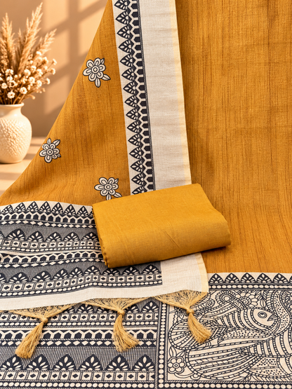 Mustard Silk Digital Printed Unstitched Suit with Madhubani Art Dupatta | Designer Ethnic Suit
