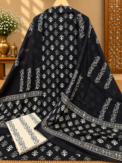 Black & White Jaipuri Hand Block Printed Cotton Suit Set | Traditional Floral Print Dress Material