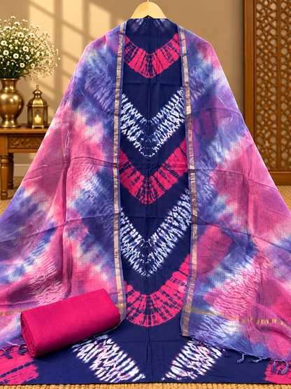 Navy Blue Shibori Print Suit with Kota Doria Dupatta | Handcrafted Ethnic Suit Set