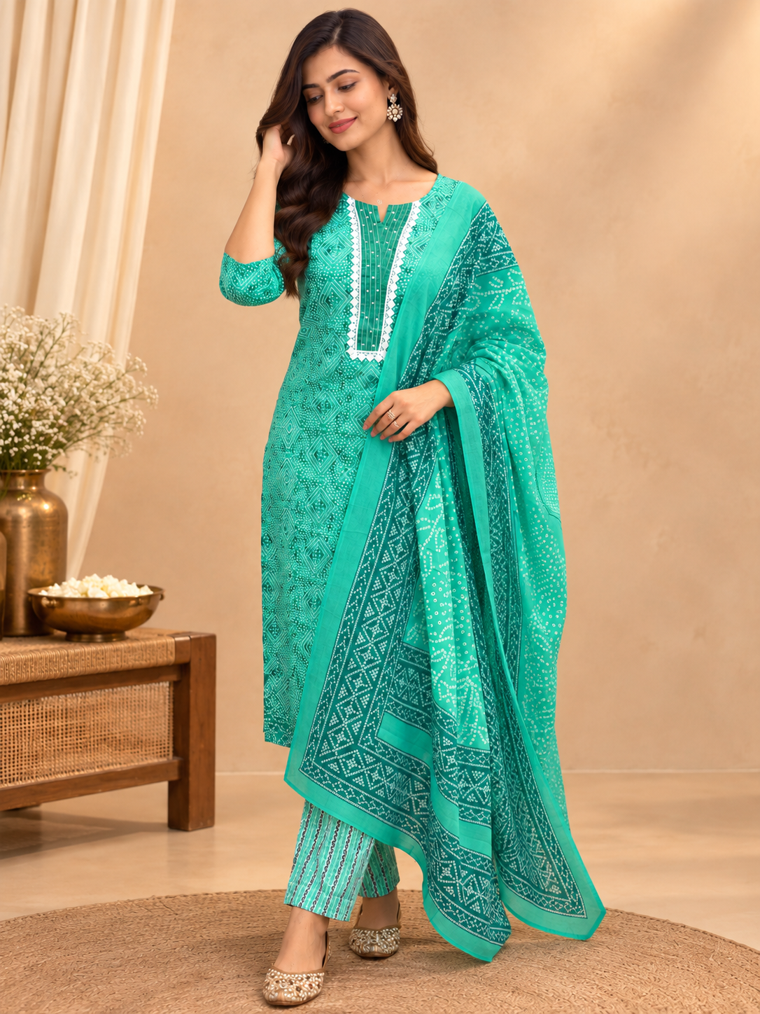 Green Readymade Cotton Suit for Women | Printed Cotton Kurta Set with Dupatta & Pants