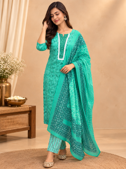 Green Readymade Cotton Suit for Women | Printed Cotton Kurta Set with Dupatta & Pants