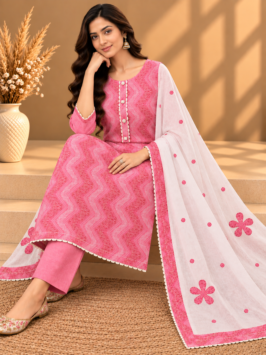 Pink & White Cotton Digital Printed Unstitched Suit with Designer Neckline & Dupatta | Premium Ethnic Suit Set