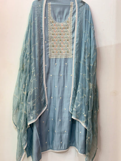 Beautiful thread work muslin suit with heavy Jaal work dupatta