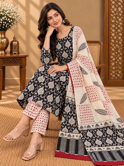 Black & White Printed Cotton Suit Set | Elegant Floral & Paisley Print Dress Material