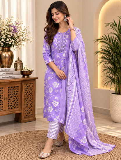 Purple Readymade Cotton Suit Set for Women | Floral Printed Kurta with Printed Dupatta
