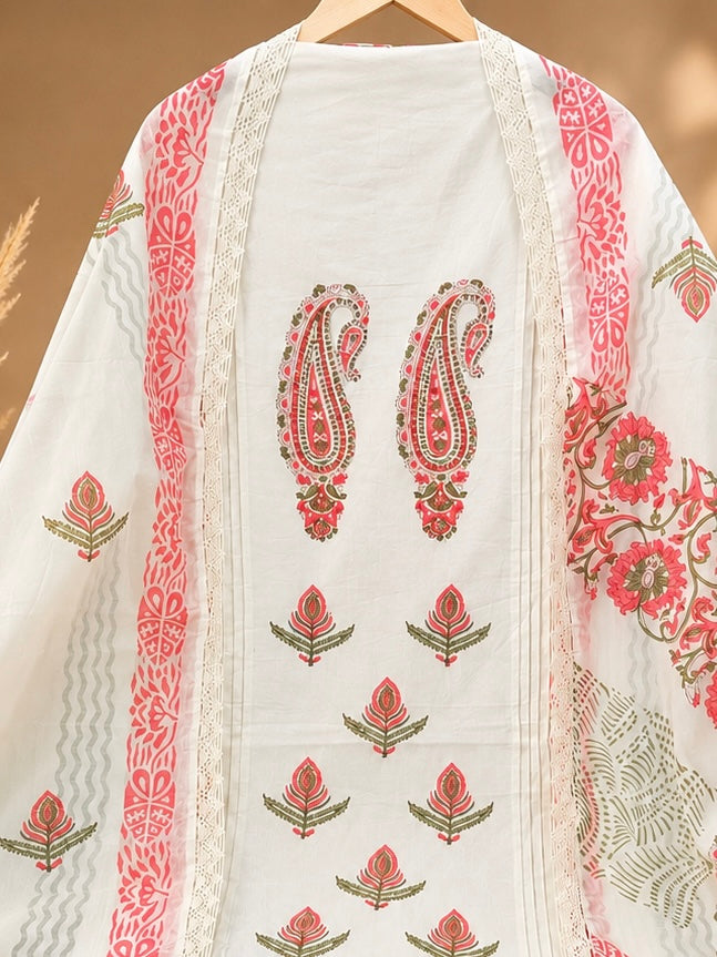 Block Print Linen Suit Set for Women | Hand Block Printed Floral & Peacock Design Unstitched Suit