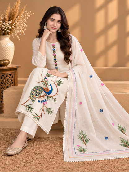 White Kota Doria Hand Painted Peacock Suit for Women | Designer Unstitched Suit