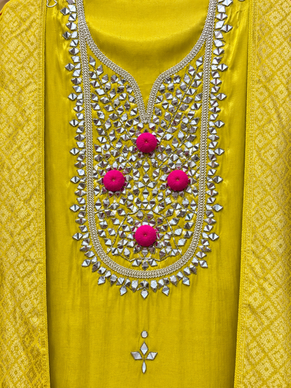 Lime Yellow Designer Unstitched Suit with Mirror Work & Floral Dupatta | Premium Ethnic Suit Set