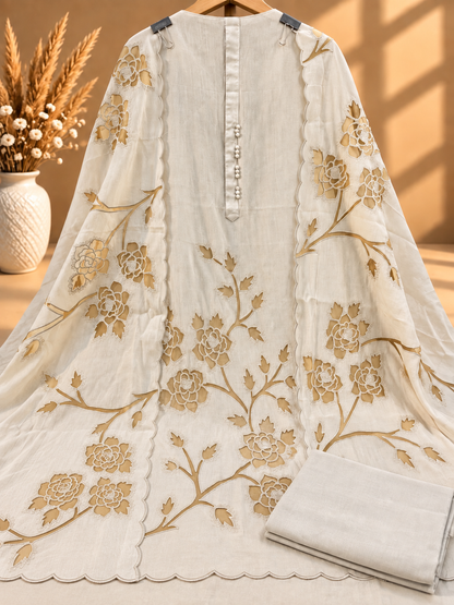 Ivory White Pure Mul Chanderi Designer Unstitched Suit with Floral Embroidery | Premium Ethnic Suit Set