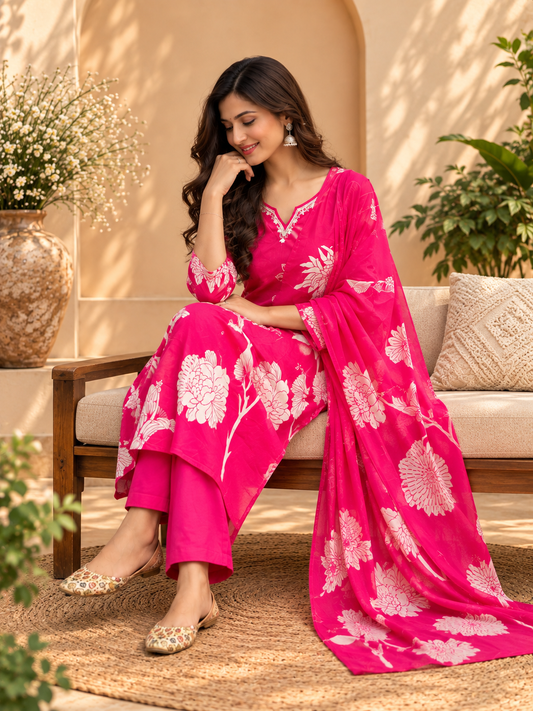 Floral Printed Readymade Suit Set for Women | Elegant Kurta with Dupatta