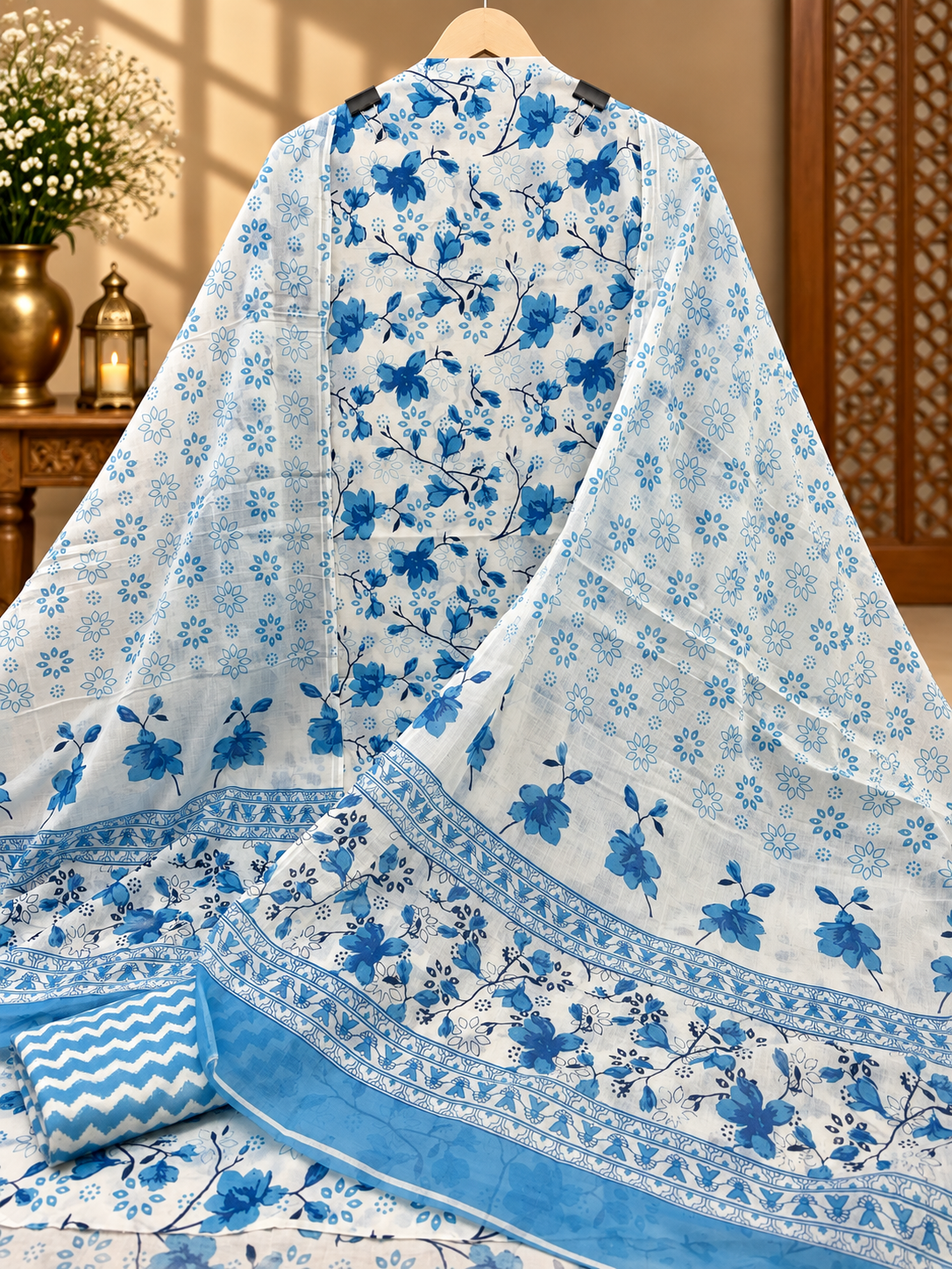Blue Floral Printed Cotton Suit with Dupatta | Elegant Cotton Dress Material for Women