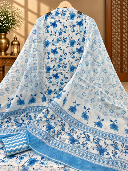 Blue Floral Printed Cotton Suit with Dupatta | Elegant Cotton Dress Material for Women